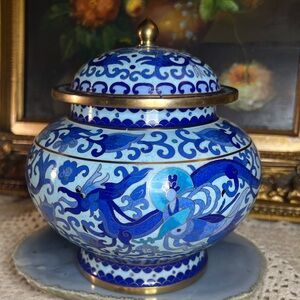 Vintage Blue & White Closonné Dragon Ginger Jar with Lid - Vtg brass enamel